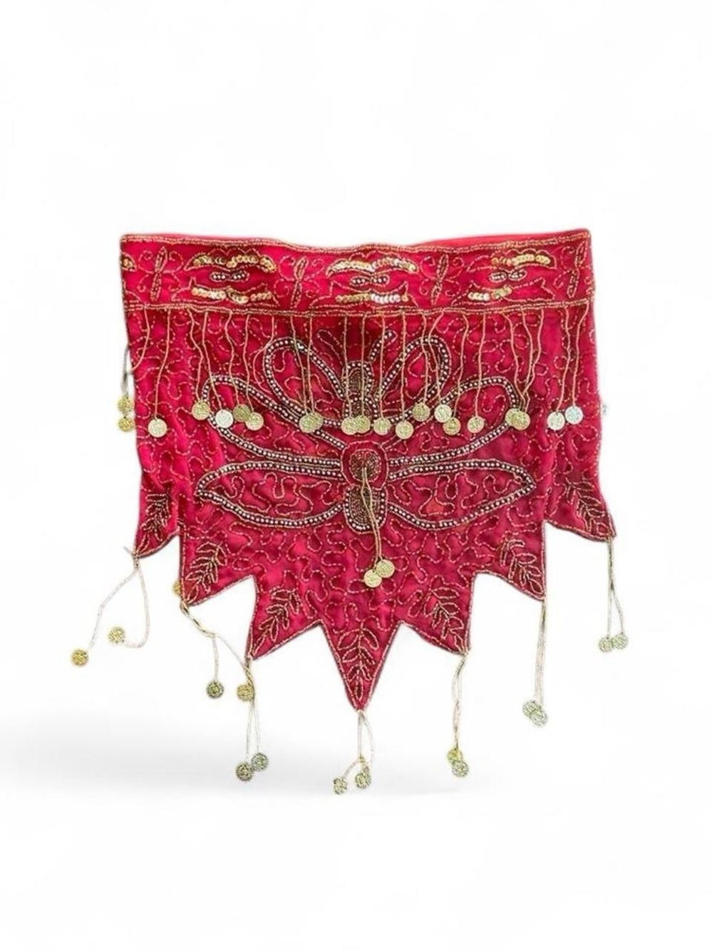 Y2K Red Beaded Coin Hip Scarf Tie Belt Boho Festival Belly Dance